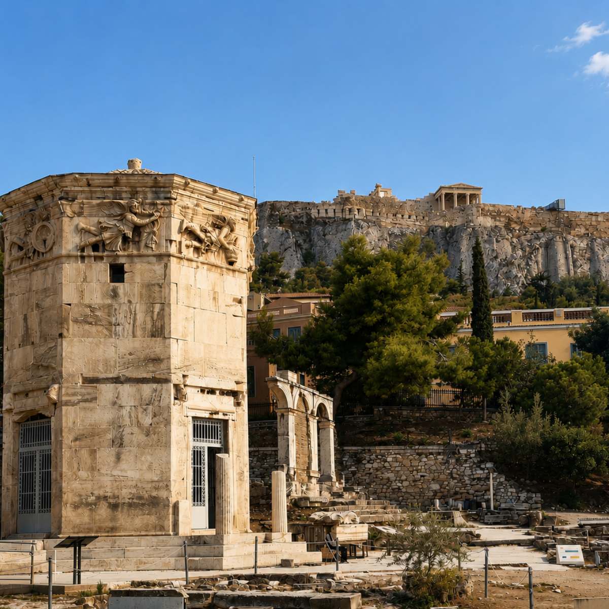 Athens Treasure Hunt and Self-Guided Tour 6 This marble tower is the world’s first meteorological station and an ancient architectural marvel. Built in the 2nd century BC, it functioned as a wind vane, sundial, and complex water clock.