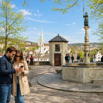 Het door bomen omgeven Lindenhof, gelegen boven de oude binnenstad op de plek van een voormalig Romeins fort, biedt een panoramisch uitzicht op de Limmat en de historische skyline van de stad.