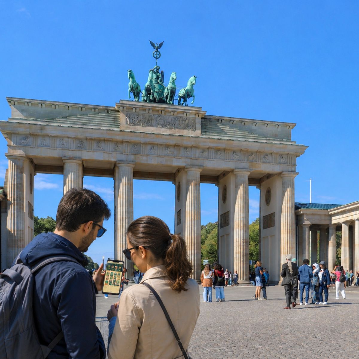 Speurtocht en rondleiding op eigen houtje door Berlijn 2 Met het majestueuze standbeeld van de strijdwagen bovenop is de neoklassieke Brandenburger Tor het meest iconische monument van Berlijn en een krachtig symbool van eenheid.