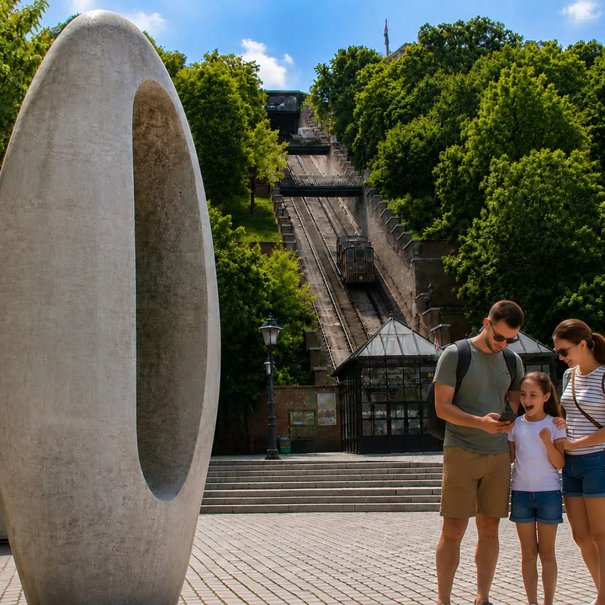 Speurtocht en rondleiding op eigen houtje door Boedapest 6 Dit minimalistische, drie meter hoge kalksteenbeeld op het Clark Ádám-plein, gelegen op het symbolische startpunt van alle wegafstanden in Hongarije, markeert het letterlijke middelpunt van je avontuur, direct aan de voet van de historische Kettingbrug.