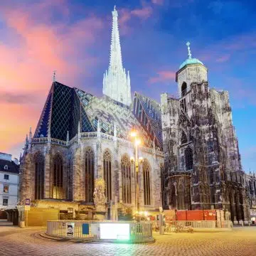 St. Stephen's Cathedral is the iconic symbol of Vienna, recognized by its colorful tiled roof and the towering South Tower that defines the city's skyline.