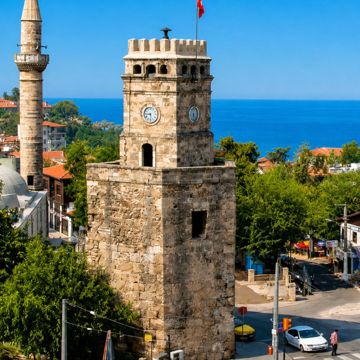 Caça ao tesouro e visita autoguiada a Antália 6 Construída no século XIX com pedras antigas, esta icónica torre de relógio quadrada ergue-se como um marco histórico que marca a entrada da cidade velha de Antália.