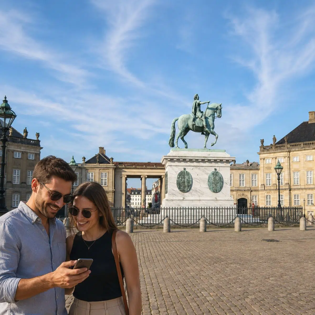 Caça ao tesouro e visita autoguiada a Copenhaga 3 Servindo de residência de inverno da família real dinamarquesa, o magnífico Palácio de Amalienborg é composto por quatro palácios rococós idênticos que rodeiam um pátio octogonal.