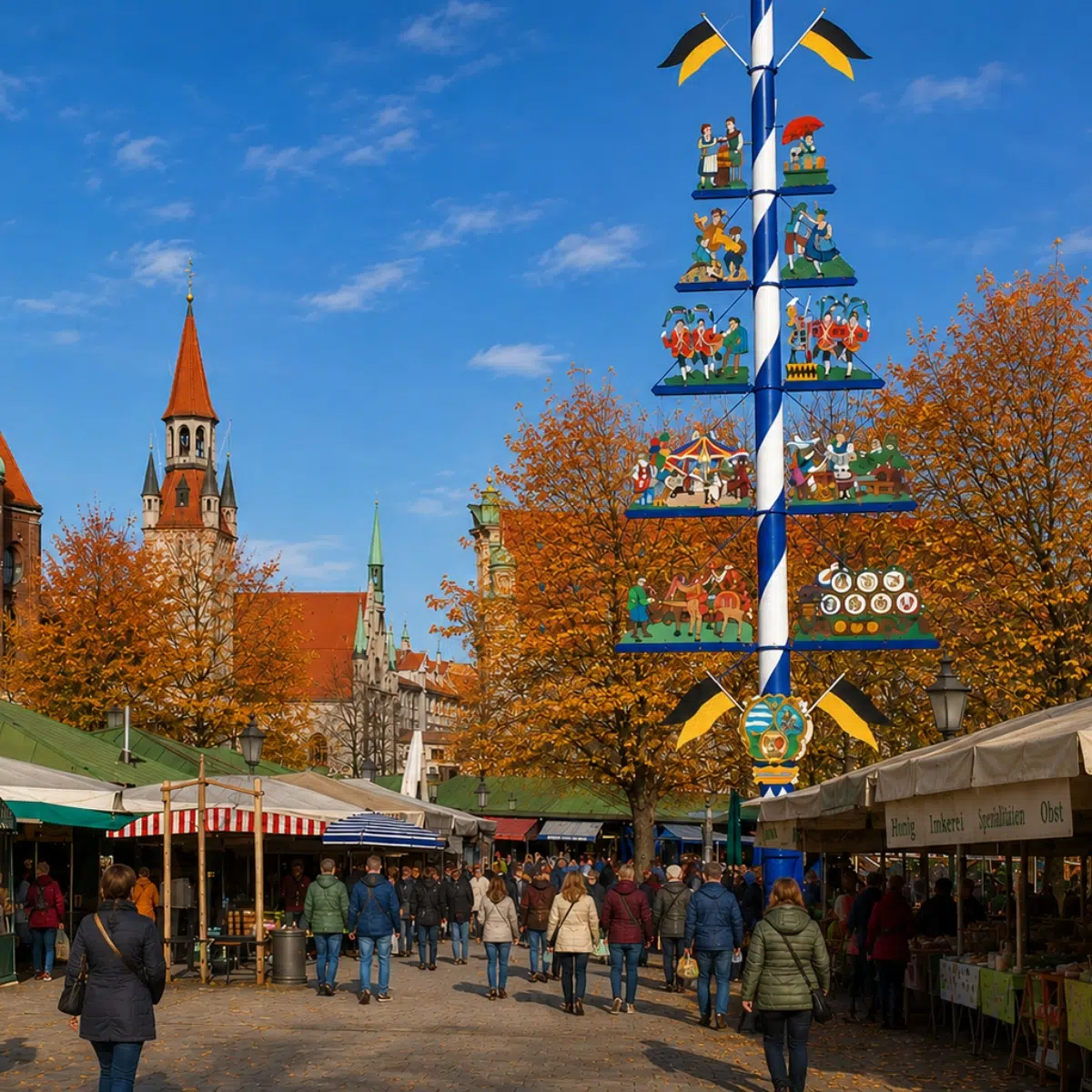 Speurtocht en rondleiding op eigen houtje door München 5 De Viktualienmarkt is een majestueuze openluchtmarkt waar levendige eetkraampjes en een traditionele meiboom een levendig centrum van lokale smaken en Beierse cultuur creëren in het hart van München.