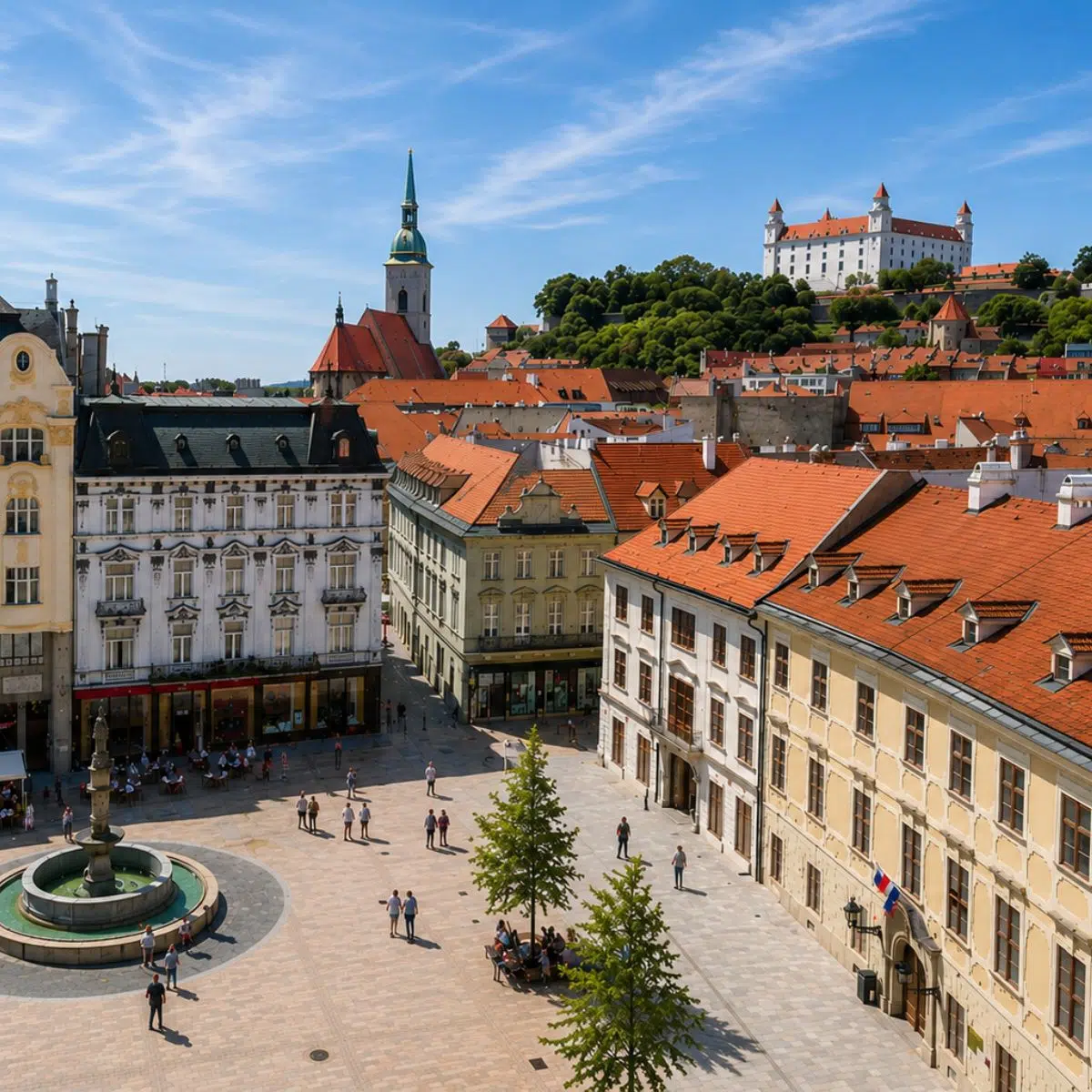 Juego de pistas y visita autoguiada por Bratislava 2 La encantadora plaza Hlavné námestie, que constituye el corazón histórico del casco antiguo, está rodeada de coloridos palacios barrocos y del emblemático Ayuntamiento del Casco Antiguo, y ofrece un ambiente animado en torno a la famosa Fuente de Roland.
