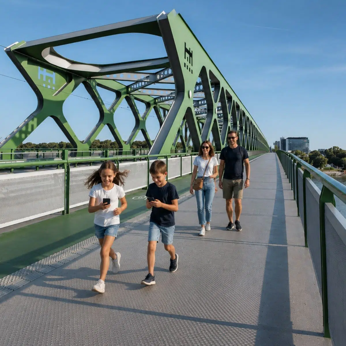 Búsqueda del tesoro y recorrido autoguiado por Bratislava 6 El histórico Puente Viejo (Starý most), que cruza el río Danubio con su llamativa estructura de acero verde, ofrece un animado paseo peatonal y vistas panorámicas, y une de forma magnífica el casco antiguo con los frondosos parques de Petržalka.