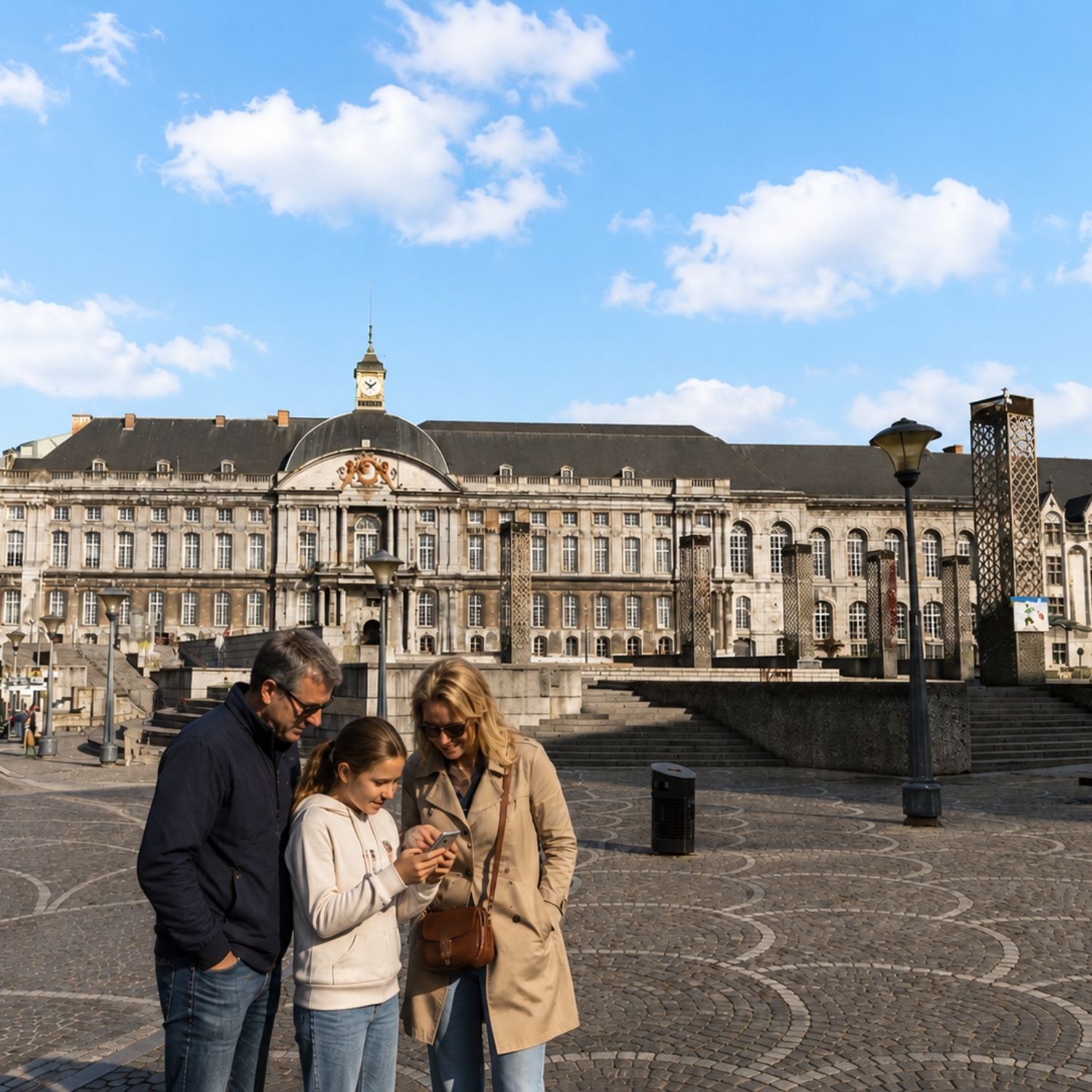 Schnitzeljagd und selbstgeführte Tour durch Lüttich 4 Die Place Saint-Lambert liegt im historischen Zentrum von Lüttich und ist ein belebter zentraler Platz, der vom prächtigen Fürstbischofspalast eingerahmt wird und in dem sich jahrhundertelanges revolutionäres Erbe und archäologische Geheimnisse verbergen, die darauf warten, entdeckt zu werden.