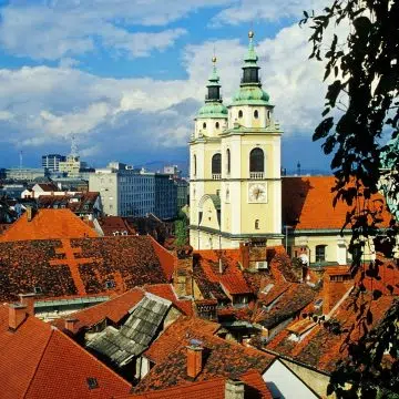 De kathedraal van Ljubljana is een barok meesterwerk dat beroemd is om zijn prachtige groene koepels en twee torens die het centrale marktgebied van de stad domineren.