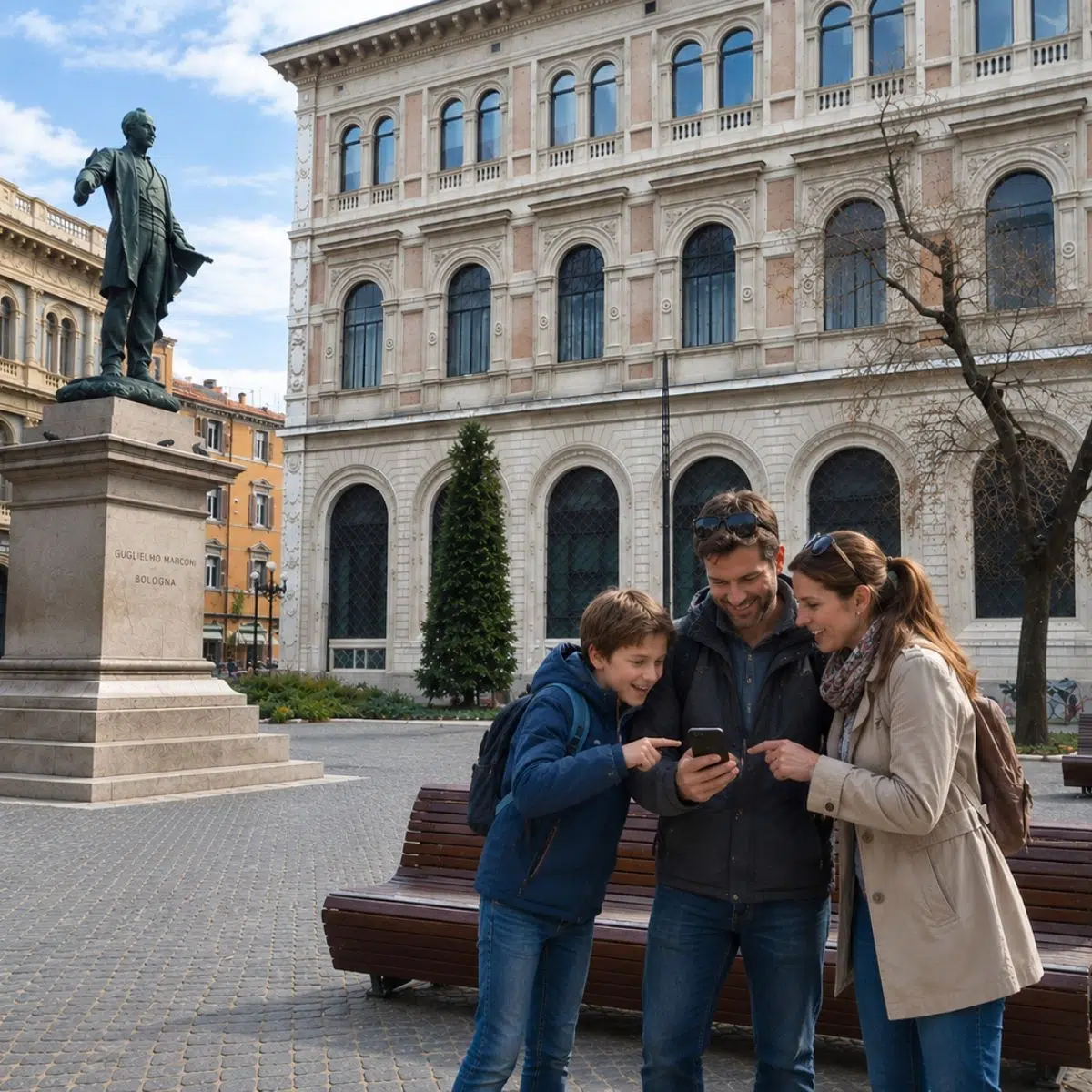 Schnitzeljagd und selbstgeführte Tour durch Bologna 5 Im Schatten majestätischer, jahrhundertealter Platanen und umrahmt von eleganten Palästen aus dem 19. Jahrhundert bietet die reizvolle Piazza Minghetti eine ruhige, klassische Oase im Herzen der Altstadt von Bologna.