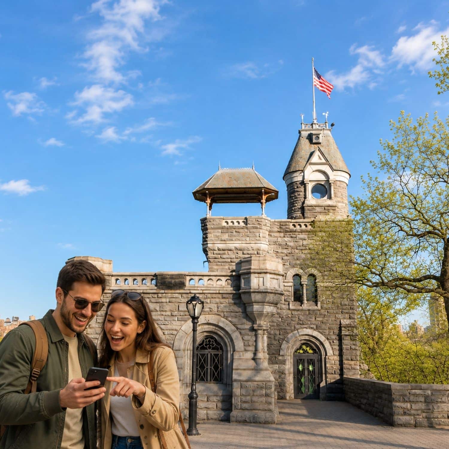 Schnitzeljagd und selbstgeführte Tour durch den New Yorker Central Park 4 Das Belvedere Castle in New York ist ein malerisches Wahrzeichen aus Stein, das auf einem der höchsten Punkte des Central Parks thront und für seine märchenhaften Türme sowie den weiten Blick über den umliegenden Park bekannt ist.