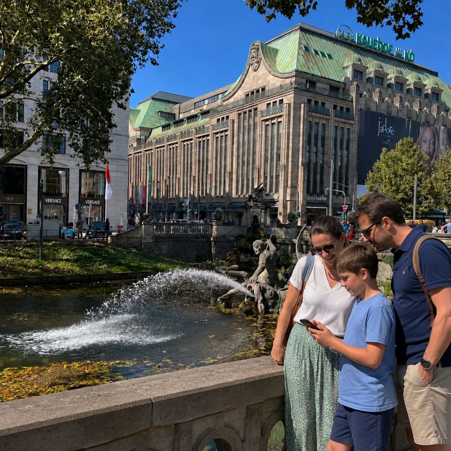Caça ao tesouro e visita autoguiada a Düsseldorf 2 Anchoring the northern end of the iconic Königsallee canal, the dramatic 19th-century Tritonenbrunnen fountain depicts the Greek sea god Triton wrestling a sea monster amidst cascading waters.
