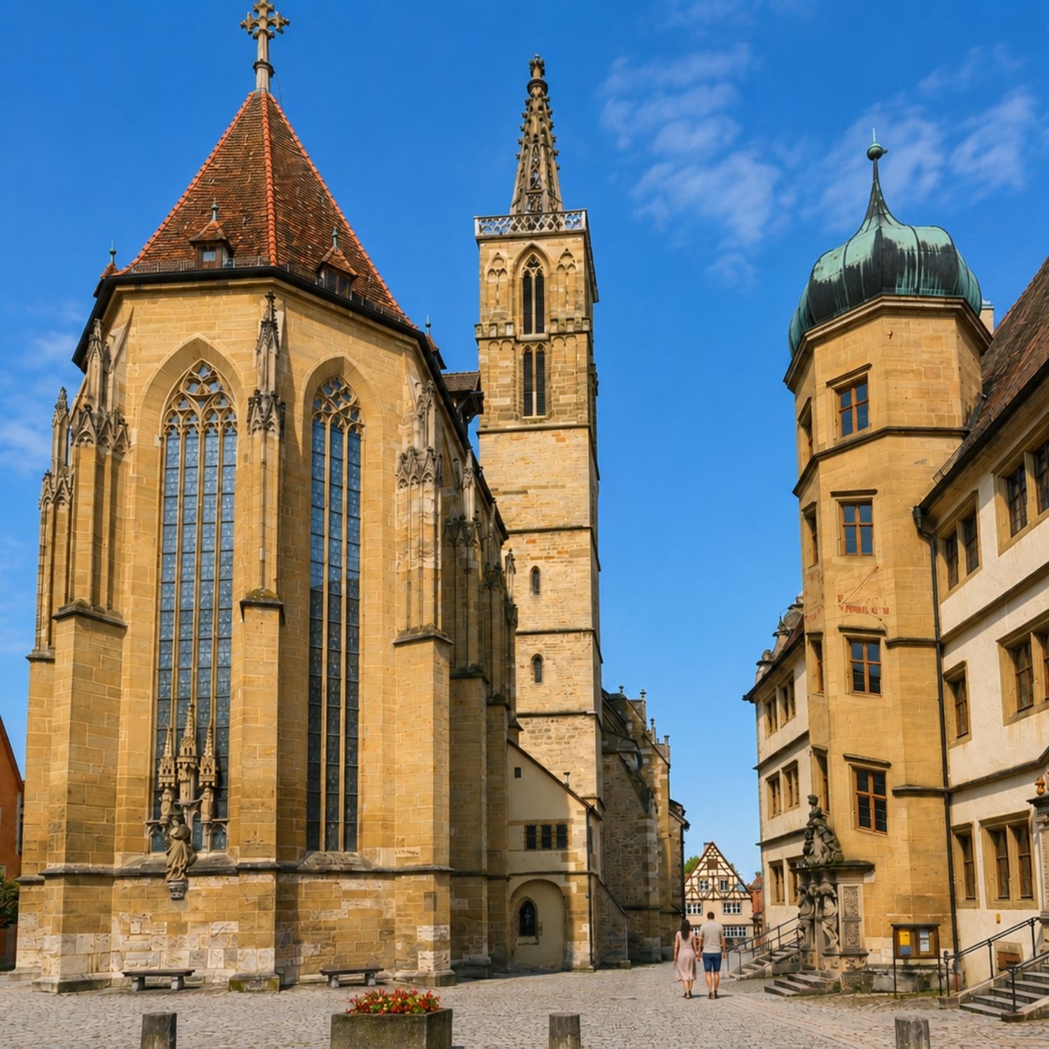 Rothenburg Scavenger Hunt and Self-Guided Tour 4 Towering over the medieval rooftops of Rothenburg ob der Tauber, this magnificent 14th-century Gothic church is renowned for its soaring architecture and the breathtaking, masterfully carved Holy Blood Altarpiece by Tilman Riemenschneider.