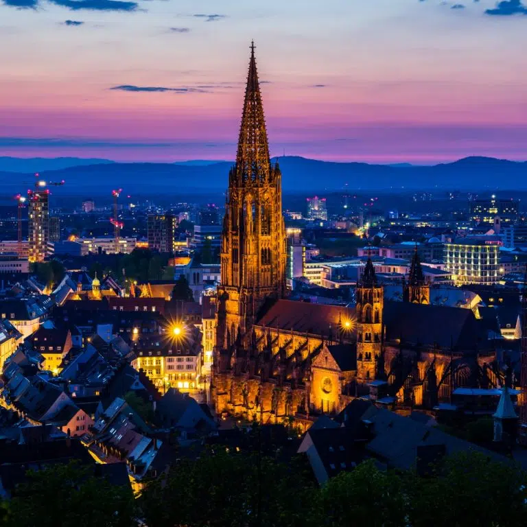 De minster van Freiburg is een adembenemende gotische kathedraal waarvan de 116 meter hoge opengewerkte spits vaak wordt beschreven als de mooiste toren ter wereld.