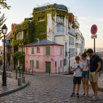 Verscholen op de met kasseien geplaveide hoek van de Rue de l'Abreuvoir roepen de pastelroze gevel en de groene luiken van La Maison Rose de bohemienachtige sfeer op van de artistieke bloeitijd van Montmartre.