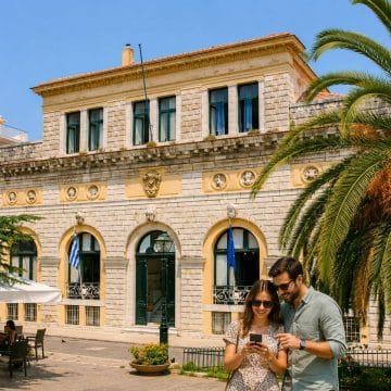Das Alte Rathaus von Korfu ist ein elegantes Wahrzeichen aus der Zeit der venezianischen Herrschaft, das sich durch seine kunstvolle Steinfassade, seine anmutigen Bögen und seine skulpturalen Details auszeichnet, die das reiche architektonische Erbe der Insel widerspiegeln.