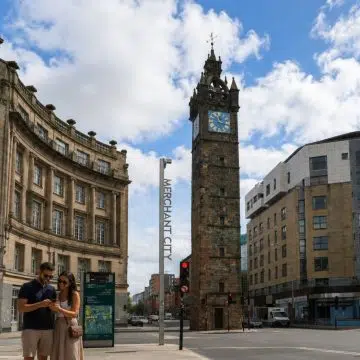 The Tolbooth Steeple in Glasgow is a striking 17th-century clock tower and one of the city’s oldest landmarks, standing as a reminder of the historic Tolbooth that once formed the heart of civic life.