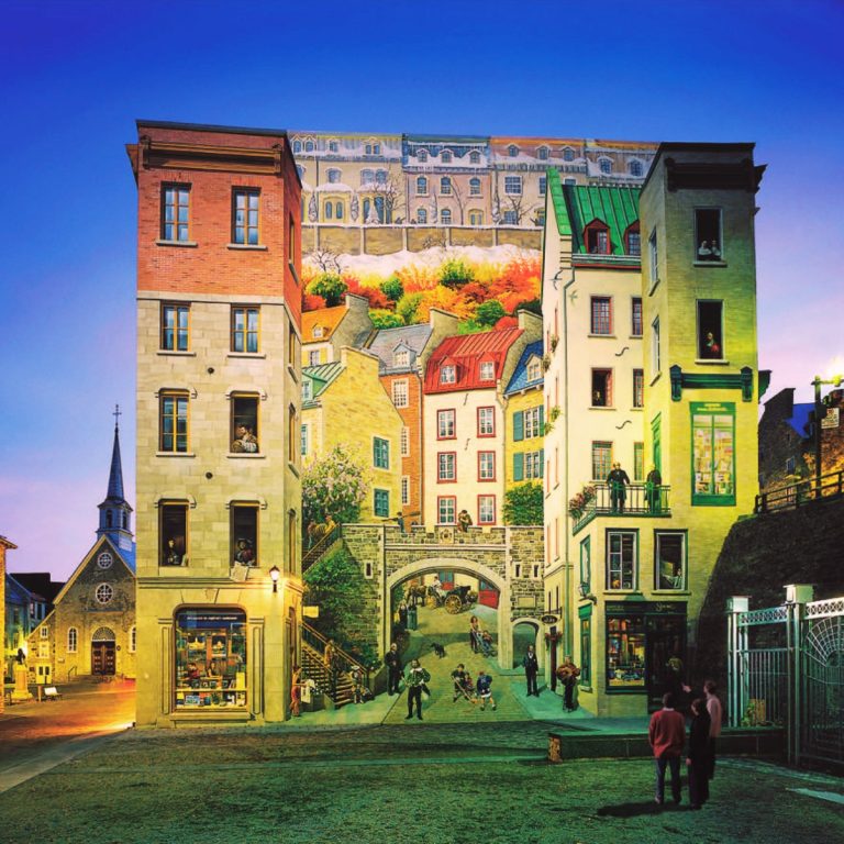 Caça ao tesouro e visita autoguiada à cidade de Québec 3 La Fresque des Québécois é um mural monumental em trompe-l'œil que conta a história da cidade, apresentando elementos arquitectónicos emblemáticos e figuras históricas importantes do passado do Quebeque.