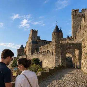 De middeleeuwse Porte d’Aude, die een schilderachtig uitzicht op de riviervallei beneden biedt, fungeert als een versterkte, filmische toegangspoort tot de ommuurde citadel van Carcassonne.