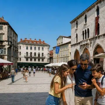 Tucked just outside the western perimeter of Diocletian's palace complex, People's Square serves as a sunlit marble forum where centuries of Dalmatian municipal history converge beneath ornate Venetian arcades and an uncommon twenty-four-hour dial.