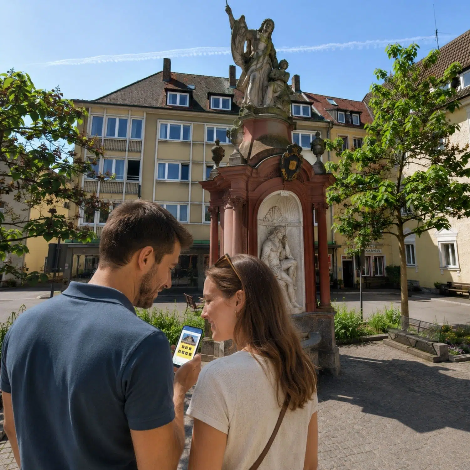 Caccia al tesoro e tour autoguidato a Würzburg 3 Coronata da un'espressiva scultura barocca raffigurante il Padre del Tempo, questa suggestiva fontana storica conferisce alle strade ricche di storia di Würzburg un affascinante tocco di mitologia classica e di raffinata maestria artigianale.