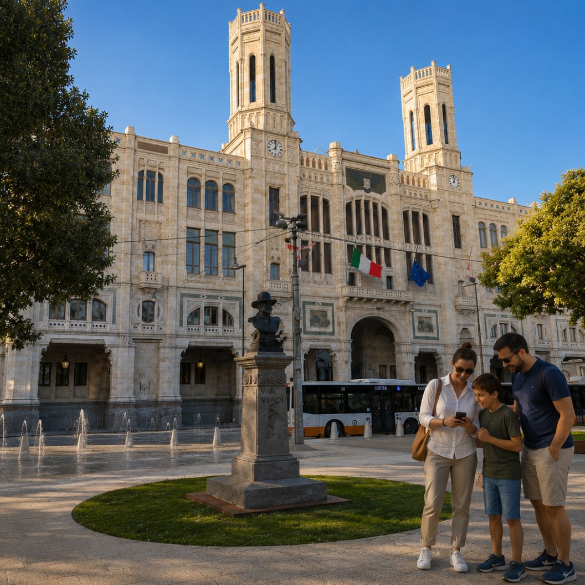 Búsqueda del tesoro y recorrido autoguiado por Cagliari 2 A la sombra de majestuosos árboles y como bulliciosa puerta de entrada a la ciudad, la animada Piazza Giacomo Matteotti da la bienvenida a los viajeros que llegan desde el cercano puerto y la estación de tren, ofreciéndoles una muestra viva de la vida local de Cagliari.