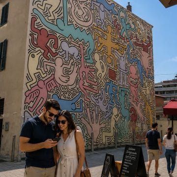 Tuttomondo in Pisa is een levendige muurschildering van kunstenaar Keith Haring, waarin kleurrijke, in elkaar verweven figuren een bruisend eerbetoon vormen aan vrede, harmonie en menselijke verbondenheid.