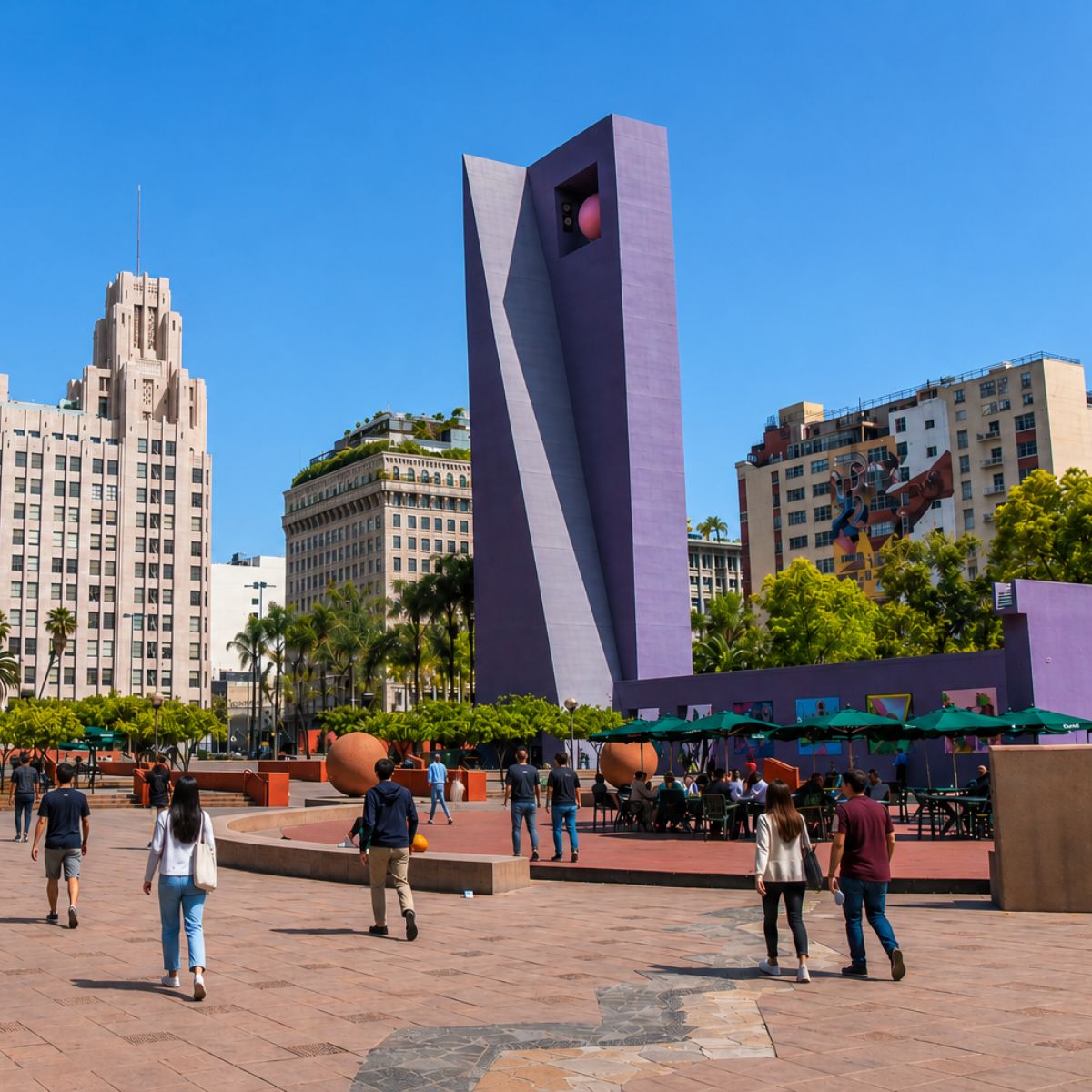 Caccia al tesoro e tour autoguidato a Los Angeles 2 Pershing Square è un vivace parco pubblico del centro di Los Angeles, caratterizzato da un iconico campanile viola, eventi stagionali e spazi per concerti all'aperto circondati da imponenti grattacieli storici.