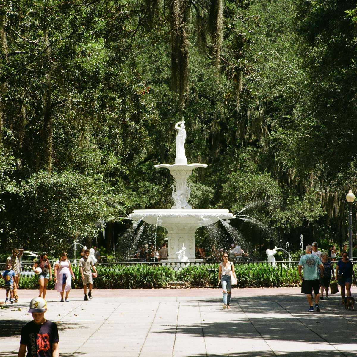 Savannah Scavenger Hunt and Self-Guided Tour 5 The Forsyth Park Fountain is a majestic white centerpiece framed by historic oaks and draped Spanish moss.