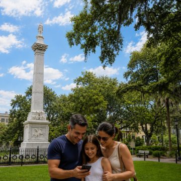 Anchored by the towering Casimir Pulaski monument and shaded by Spanish moss-draped live oaks, Monterey Square is one of Savannah's most famous historic squares, celebrated for its striking Gothic Revival architecture and its prominence alongside the Mercer Williams House.
