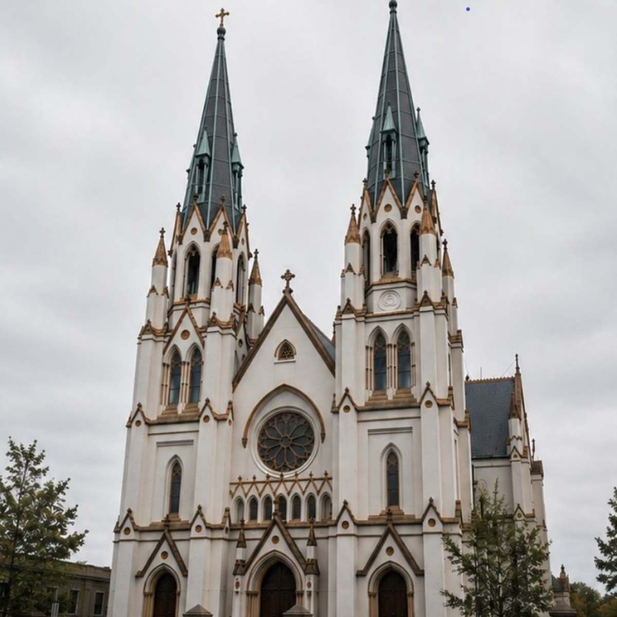 Savannah Scavenger Hunt and Self-Guided Tour 6 The Cathedral Basilica of St. John the Baptist is a majestic French Gothic masterpiece with towering twin spires and ornate stained glass.