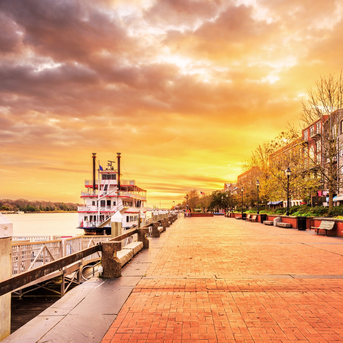 Savannah Scavenger Hunt and Self-Guided Tour 2 East River Street is a majestic waterfront promenade where historic cobblestones and century-old cotton warehouses overlook the bustling Savannah River.