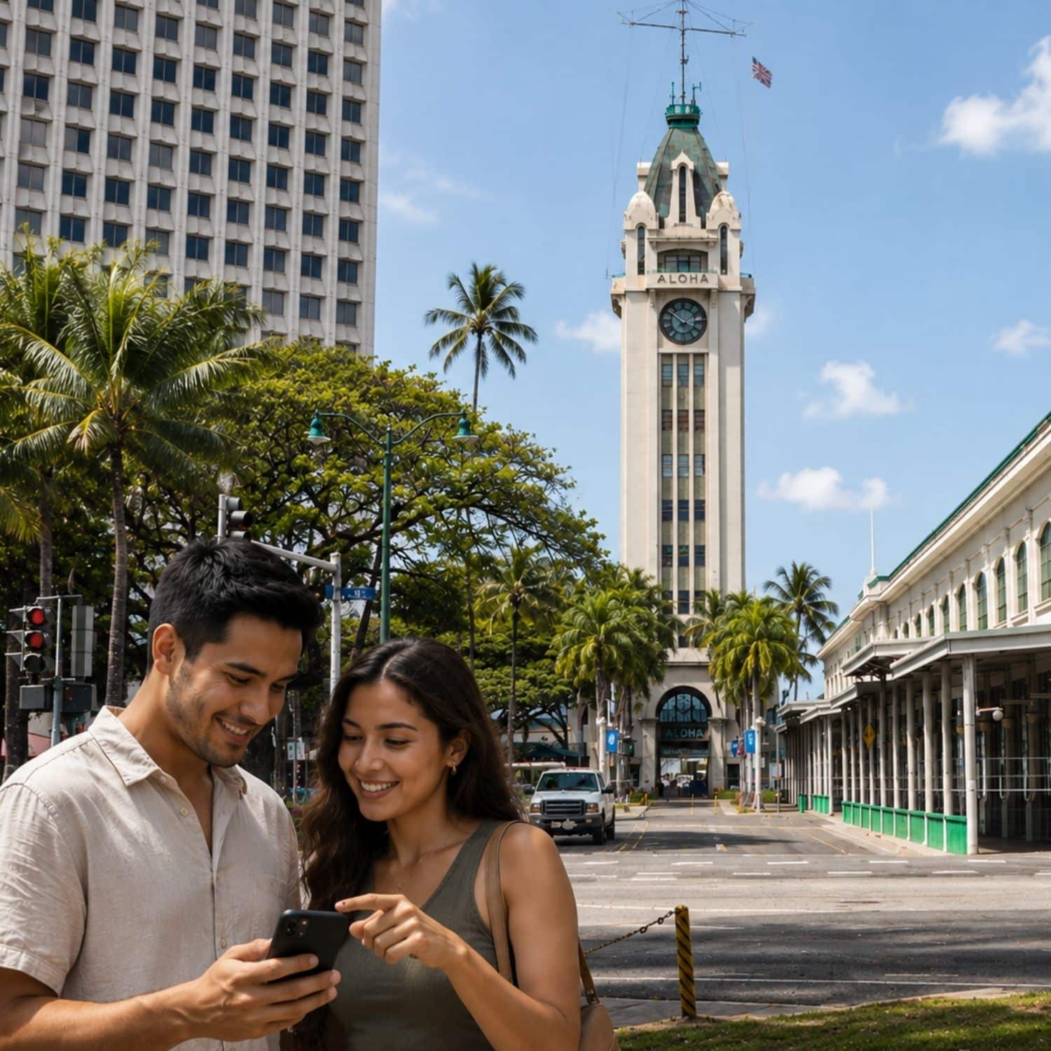Gra miejska w Honolulu i zwiedzanie na własną rękę 2 Wzniesiona w 1926 roku nad brzegiem portu w Honolulu kultowa wieża Aloha Tower to zabytkowa wieża zegarowa w stylu latarni morskiej, która przez dziesięciolecia służyła jako powitalny znak dla pasażerów liniowców oceanicznych przybywających na Hawaje.