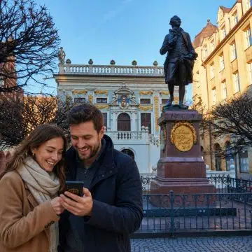 Located directly behind the Old Town Hall, Leipzig's historic Naschmarkt is an idyllic square home to the Baroque Old Stock Exchange and a bronze statue of Johann Wolfgang von Goethe.