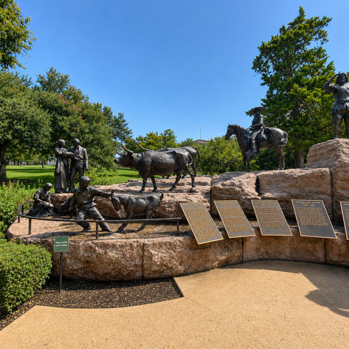 Chasse au trésor et visite libre à Austin 6 Le monument Tejano est une majestueuse sculpture de bronze à plusieurs figures située dans l'enceinte du Capitole du Texas, qui rend hommage à l'héritage durable, à l'esprit pionnier et aux profondes contributions culturelles des colons Tejano à l'histoire dynamique de l'État.