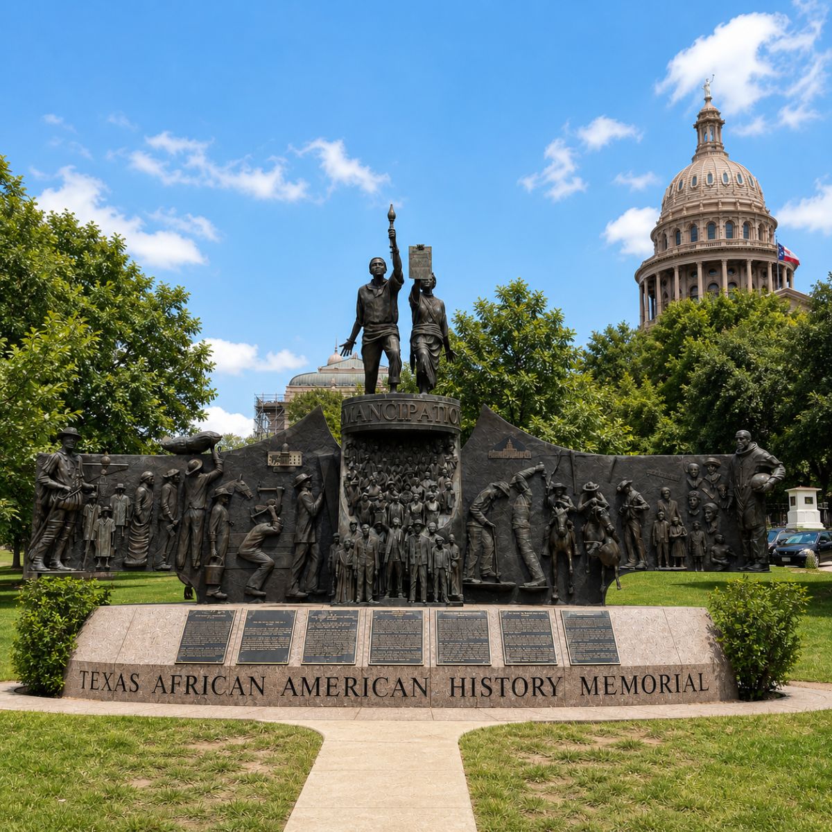 Chasse au trésor et visite libre à Austin n° 5 Le Texas African American History Memorial est un monument en bronze puissant et magnifiquement réalisé, situé dans l'enceinte du Capitole, qui retrace les luttes profondes, les triomphes et les riches contributions des Afro-Américains à l'histoire du Texas.