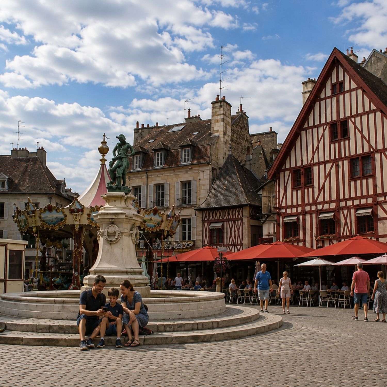 Búsqueda del tesoro y visita autoguiada por Dijon 3 Lined with picturesque half-timbered houses and lively outdoor cafés, Place François Rude is a charming medieval square centered around the iconic fountain sculpture of the Bareuzai treading grapes.