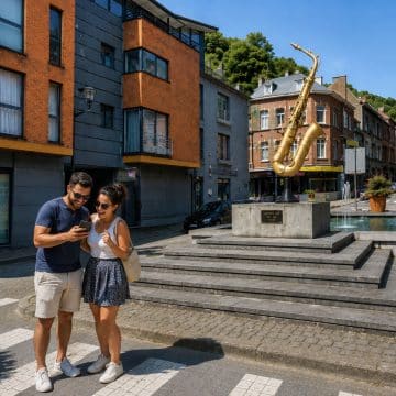 The Saxophone Monument in Dinant celebrates the city’s connection to Adolphe Sax, inventor of the saxophone, with colourful oversized instruments adding a playful musical character to the riverside setting.