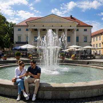 Anchoring the western edge of Regensburg’s historic center, this expansive public square is framed by the dignified portico of the city theater and twin splashing fountains that make it a favorite open-air gathering spot.