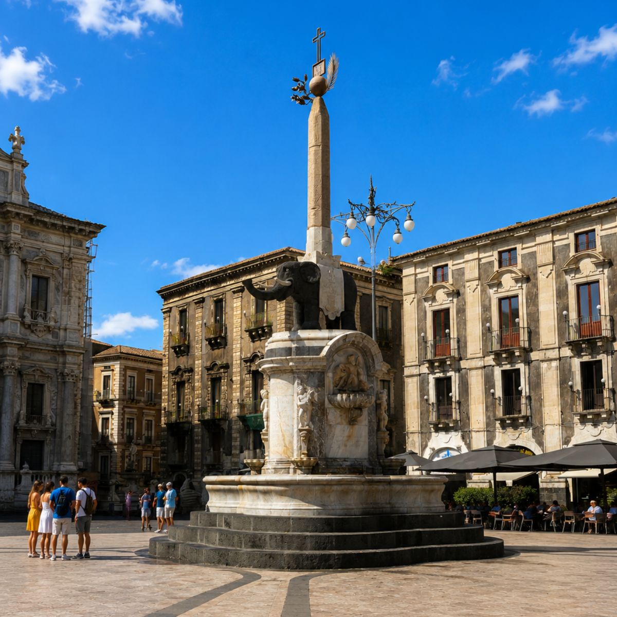 Speurtocht en rondleiding op eigen houtje in Catania 3 Fontana dell'Elefante is een majestueuze barokke bezienswaardigheid waar een groots beeld van een olifant van oud basalt, dat een Egyptische obelisk ondersteunt, een monumentaal symbool van geluk en veerkracht voor de stad Catania vormt.