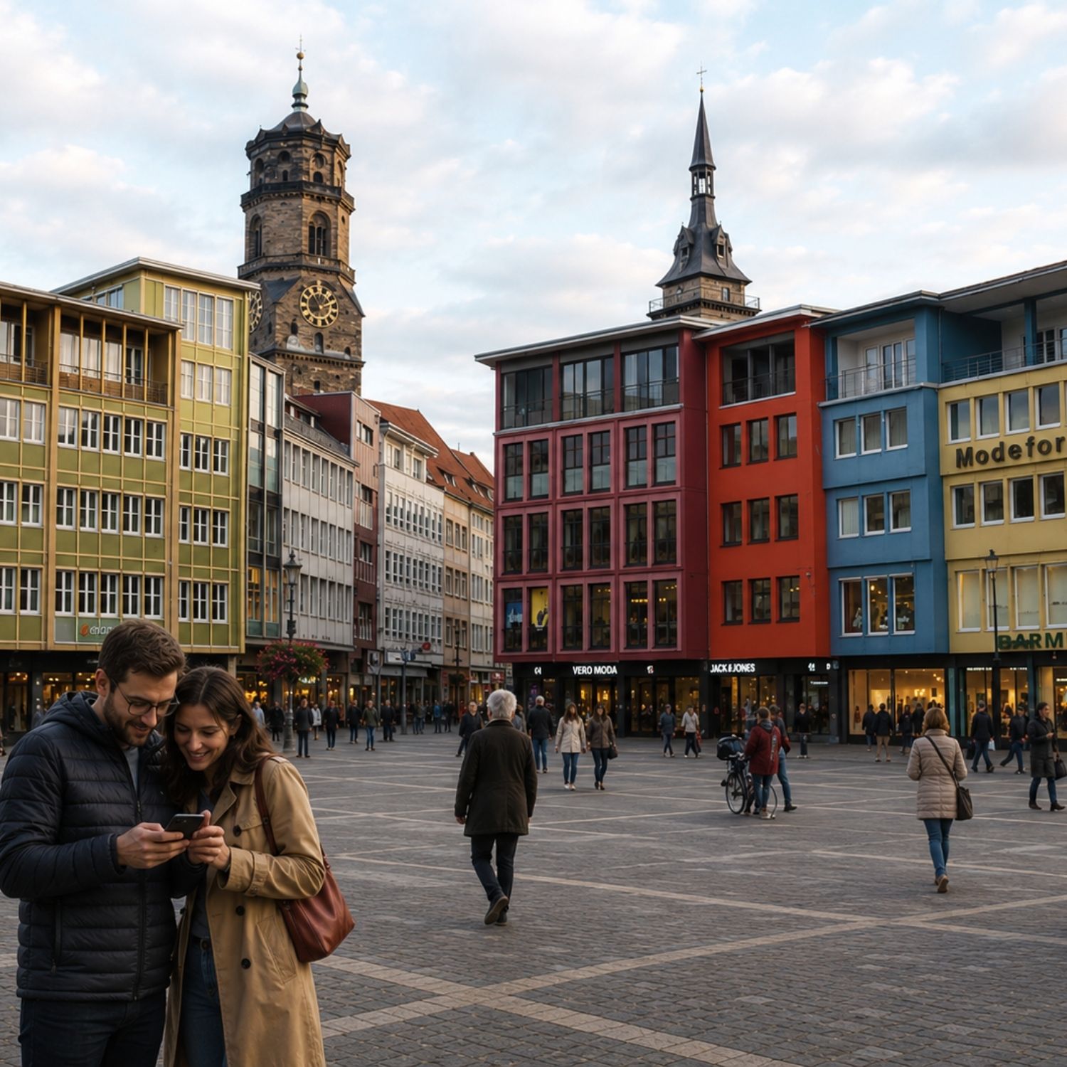 Schnitzeljagd und selbstgeführte Tour durch Stuttgart 4 The Marktplatz in Stuttgart is a lively square in the heart of the city, framed by the impressive Town Hall and historic façades and animated by markets, festivals, and everyday city life.