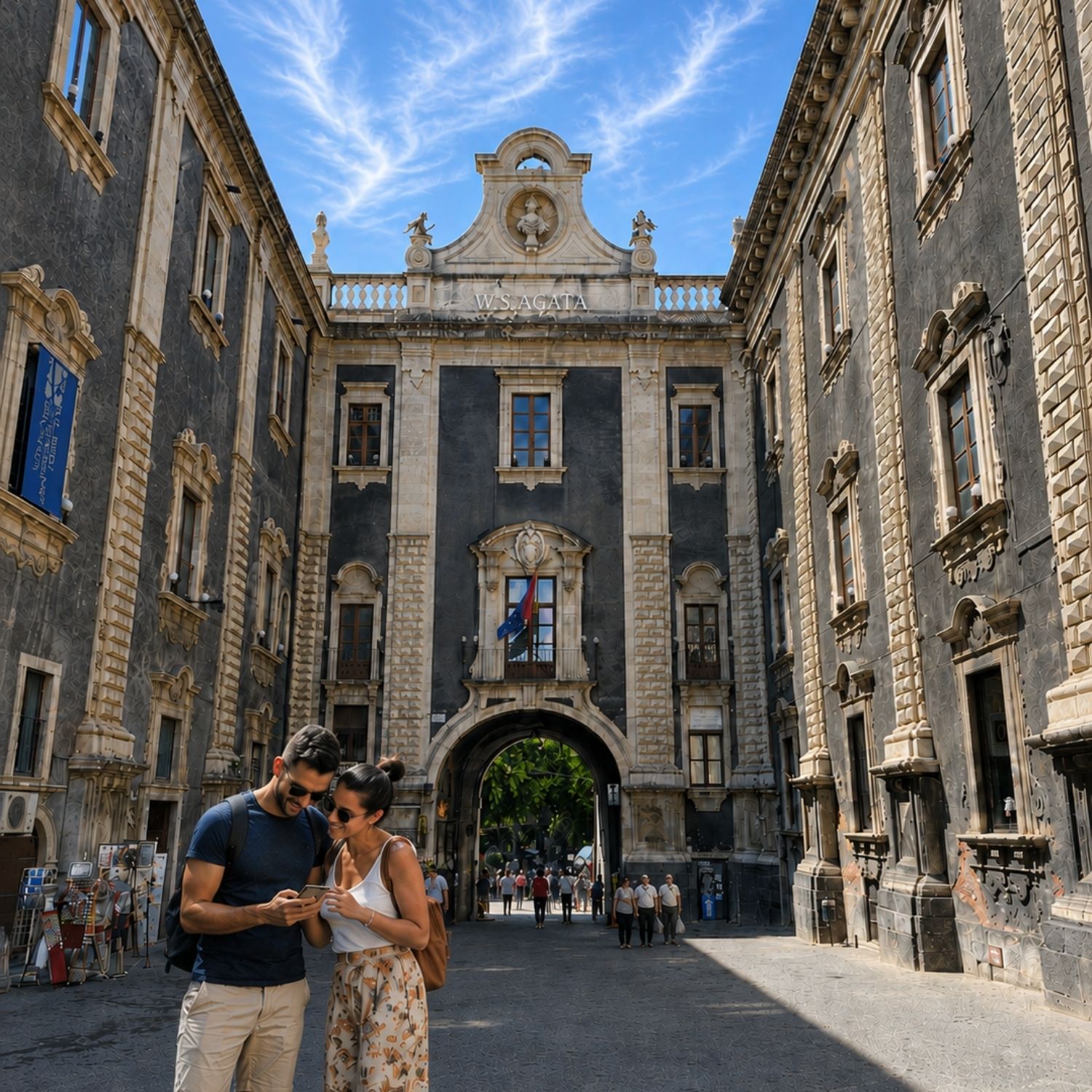 Speurtocht en zelfstandige stadswandeling in Catania 3 Deze monumentale stadspoort, opgetrokken na de verwoestende aardbeving van 1693, verbindt het Piazza del Duomo met de haven en laat het kenmerkende samenspel van vulkanisch basalt en bleke kalksteen van Catania goed tot zijn recht komen.