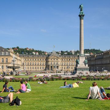 Schlossplatz in Stuttgart is the city’s grand central square, framed by elegant historic buildings and landscaped gardens, with the towering Jubilee Column rising prominently at its heart.