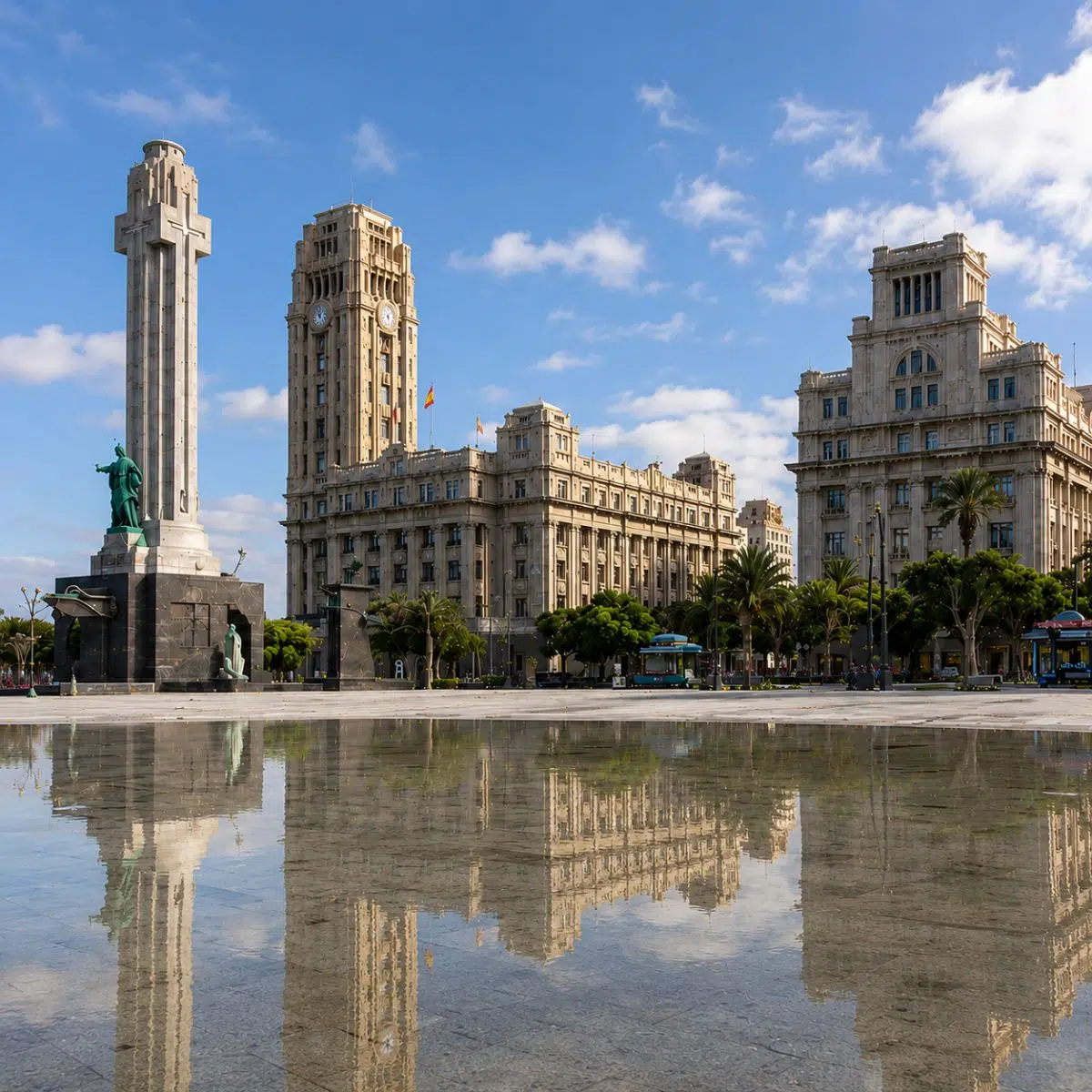 Caça ao tesouro e visita autoguiada em Tenerife 6 A Plaza de España é a maior praça das Ilhas Canárias, admirada pelo seu impressionante espelho de água, monumentos elegantes e atmosfera vibrante, com vista para o coração de Santa Cruz de Tenerife.