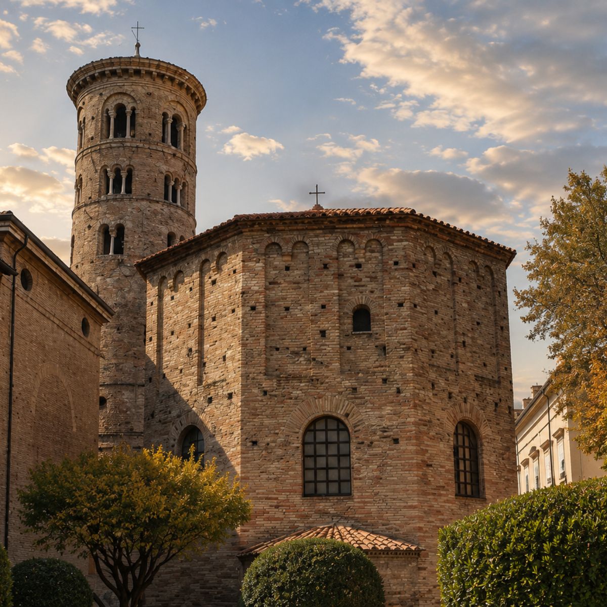 Caça ao tesouro e visita autoguiada a Ravenna 3 O Batistério de Neonian é um marco majestoso do século V, onde um grande exterior de tijolo octogonal e um mosaico de teto de cortar a respiração, representando o batismo de Cristo, criam um exemplo monumental da arte cristã primitiva.