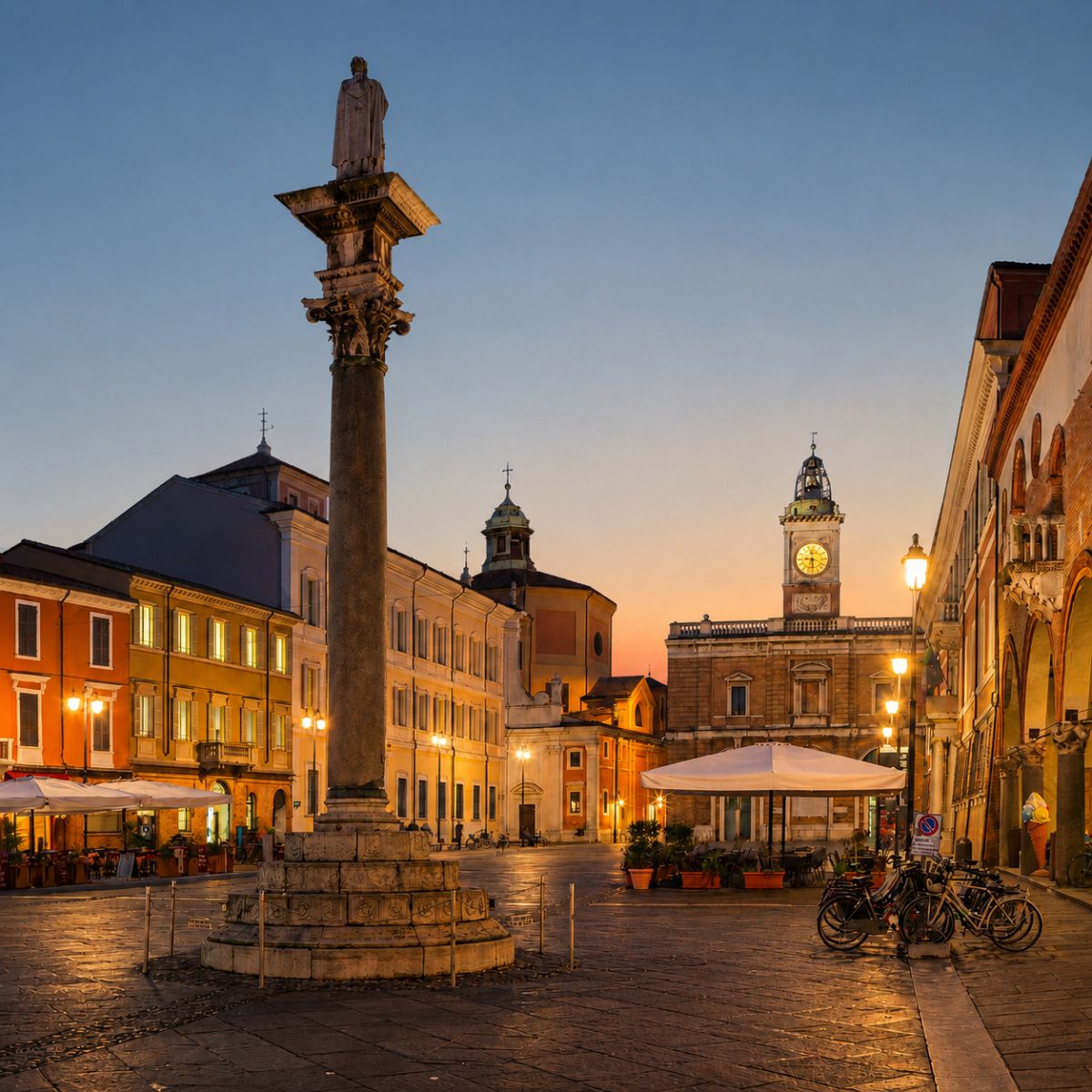 Caça ao tesouro e visita autoguiada a Ravenna 5 A Piazza del Popolo é um majestoso marco de estilo veneziano, onde uma grande coleção de arquitetura do século XV e imponentes colunas de granito criam um coração monumental para o centro histórico da cidade de Ravenna.