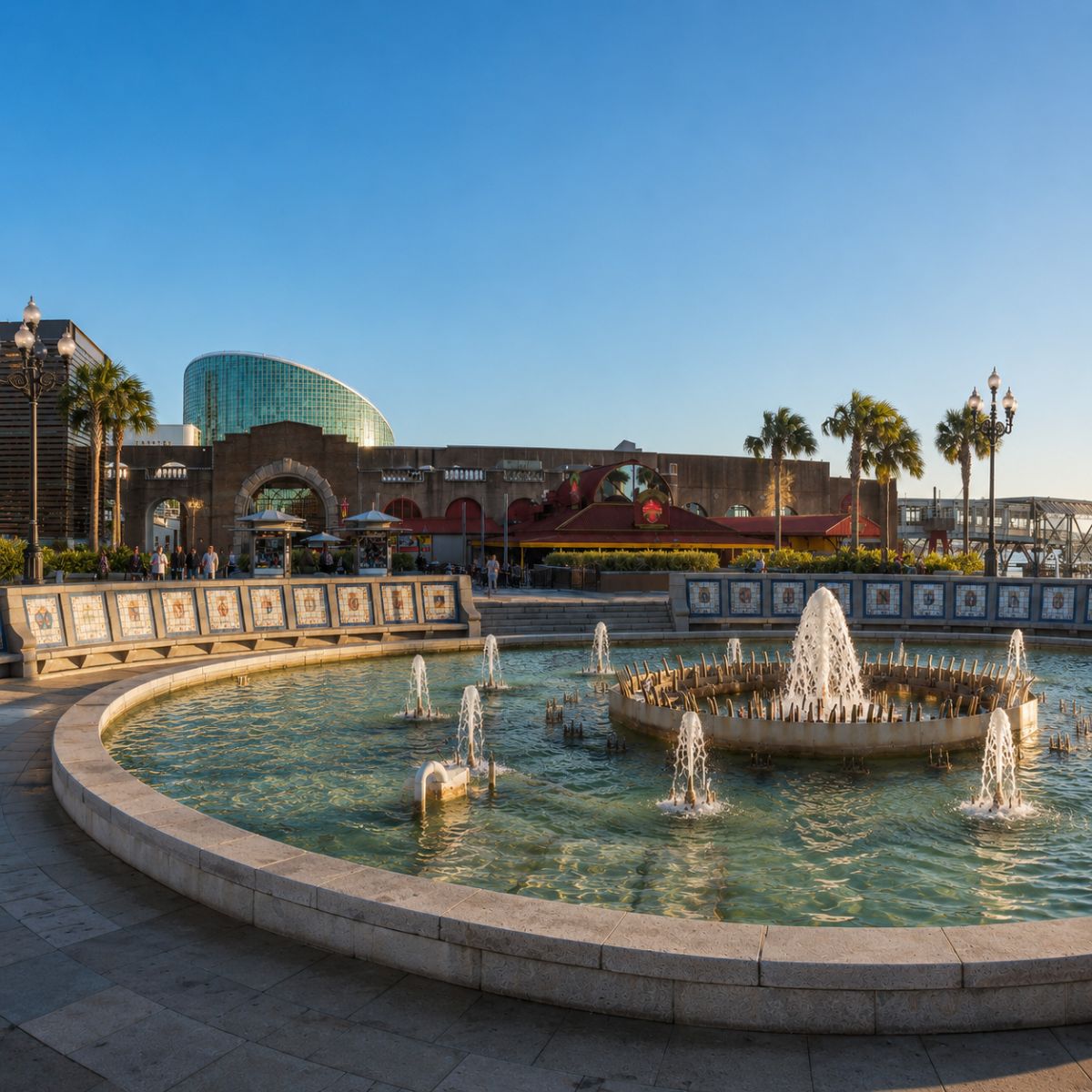 Caça ao tesouro e visita autoguiada a Nova Orleães 3 A Praça Espanhola é uma praça à beira-rio, pitoresca e arejada, dedicada por Espanha a Nova Orleães, com uma grande fonte, azulejos coloridos e vistas panorâmicas do rio Mississippi.