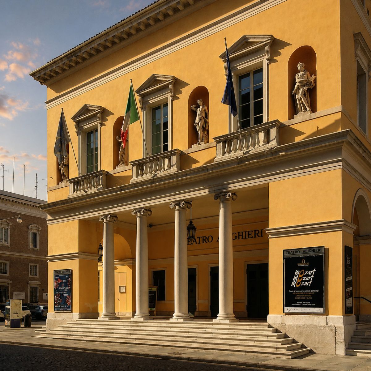 Caça ao tesouro e visita autoguiada a Ravena 6 O Teatro Comunale Alighieri é um majestoso marco neoclássico onde uma grande fachada com pilares e um palco de ópera de classe mundial criam um monumental centro cultural para a cidade.